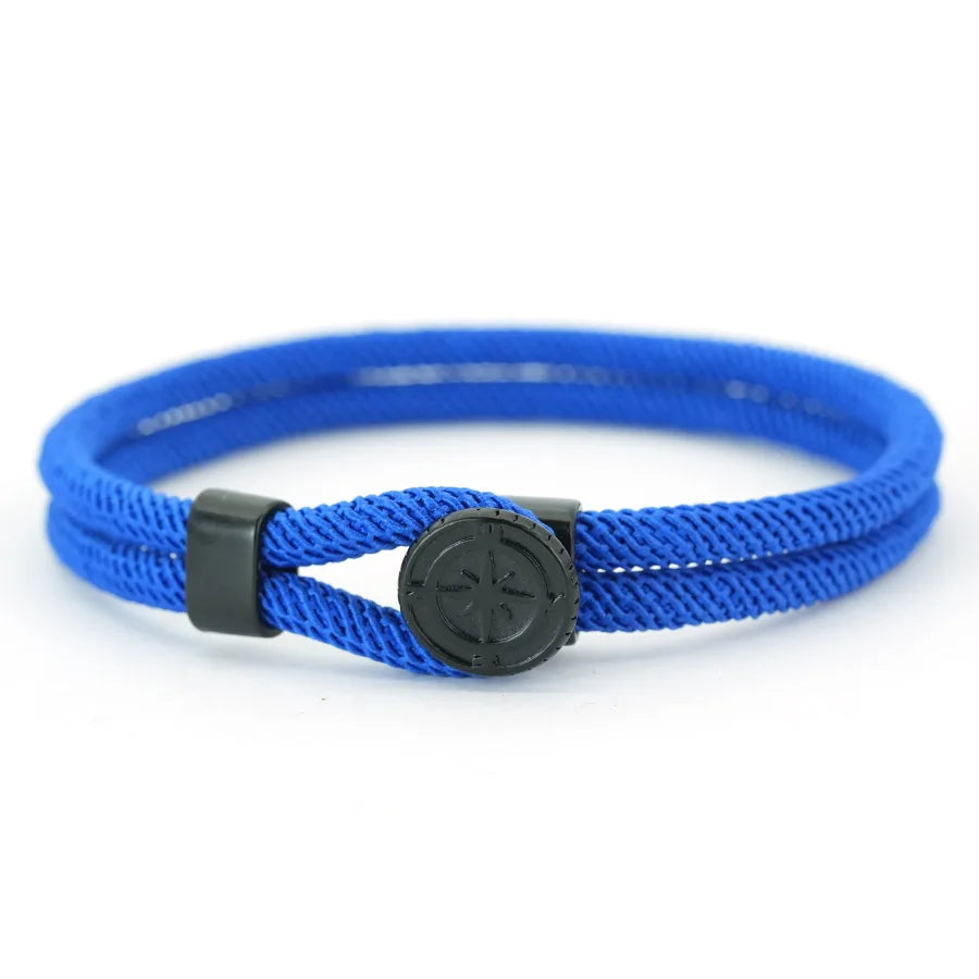Bracelet en Corde avec Boussole Noire Rose des Vents bleu roi