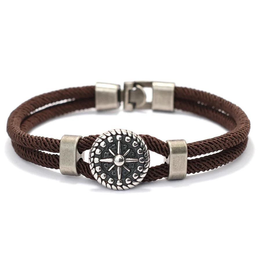 Βραχιόλι με σχοινί και πυξίδα ροζέτα ανέμων καφέ