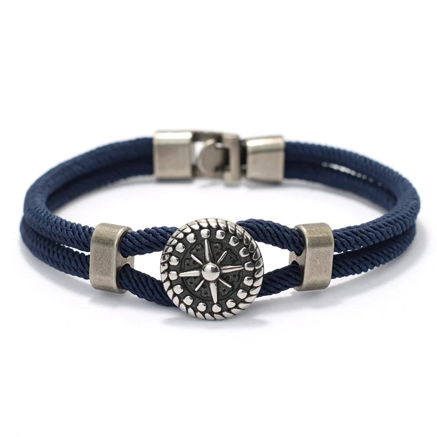 Bracelet en Corde avec Boussole Rose des Vents bleu marine