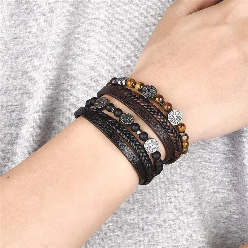 Βραχιόλι Δέρμα Δέντρο της Ζωής με Χάντρες για Άντρες 