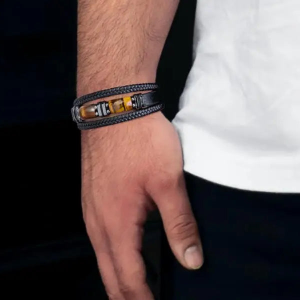 Βραχιόλι από δέρμα και λίθους μάτι τίγρης
