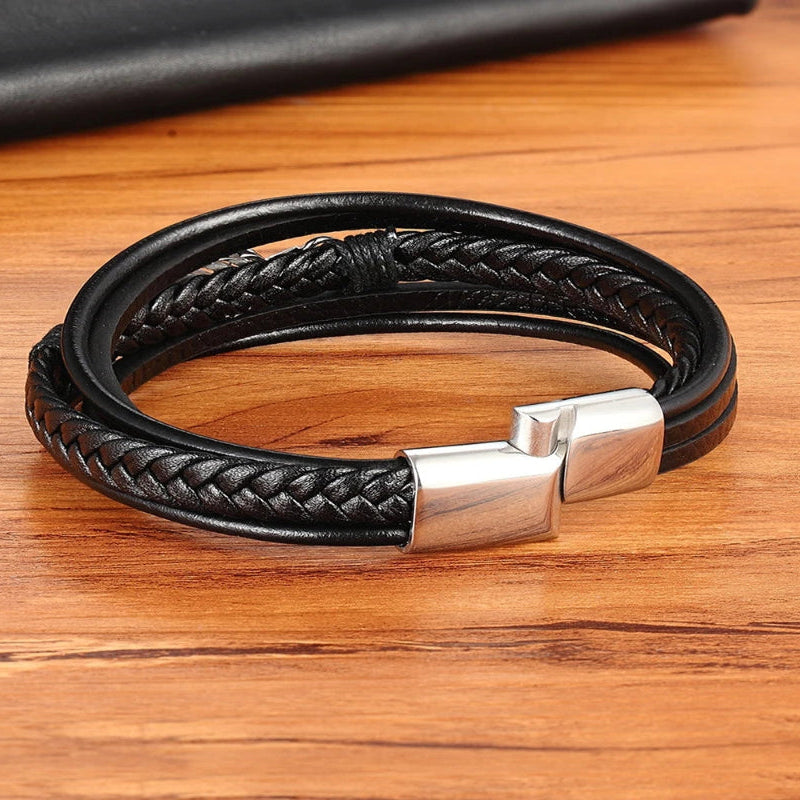 Βραχιόλι από δέρμα με φτερό για άντρες ασημί