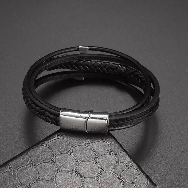 Πλεκτό Δερμάτινο Βραχιόλι Αιγυπτιακός Σταυρός Ανκ ασημί