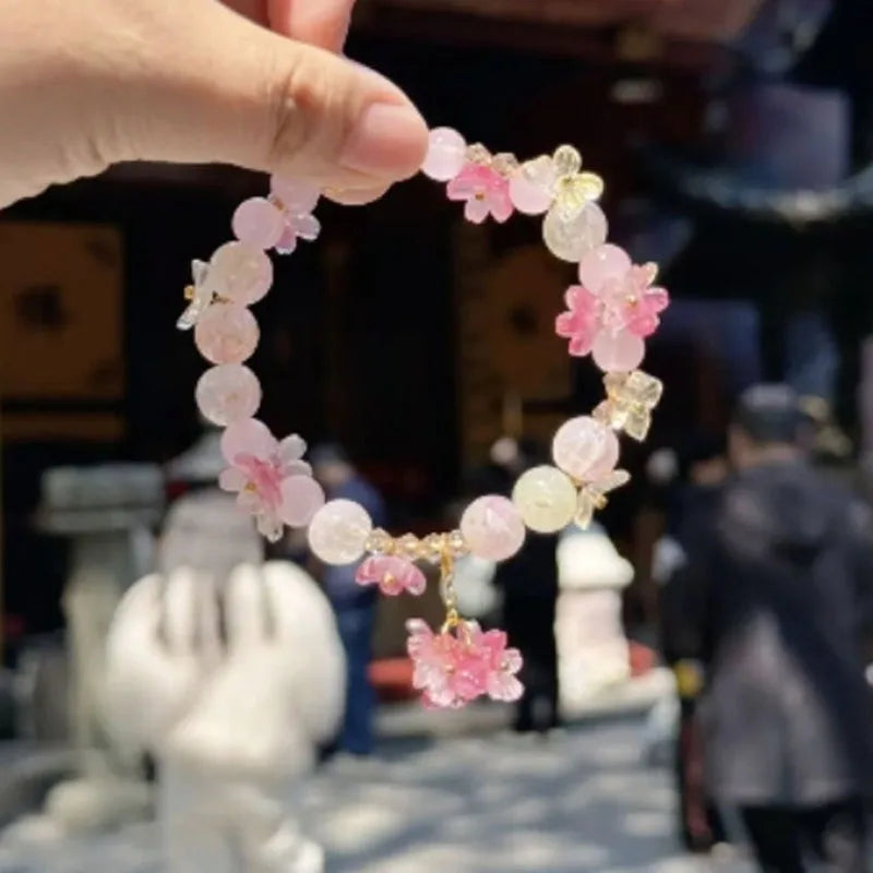 Βραχιόλι από χάντρες με ροζ λουλούδια