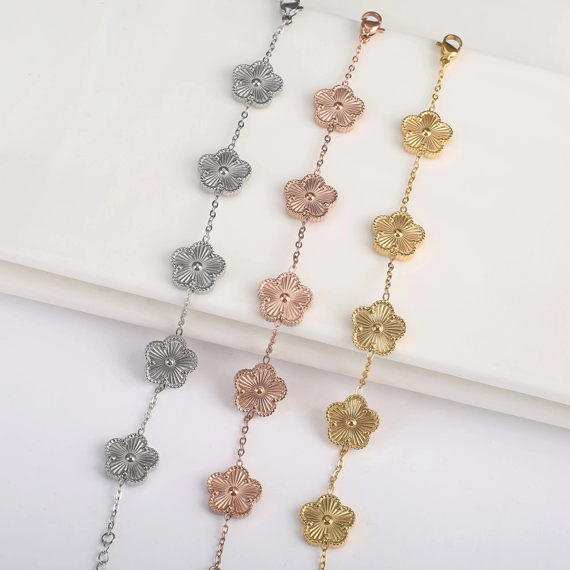 Βραχιόλι Gourmette με 5 Πέταλα ροζ χρυσό