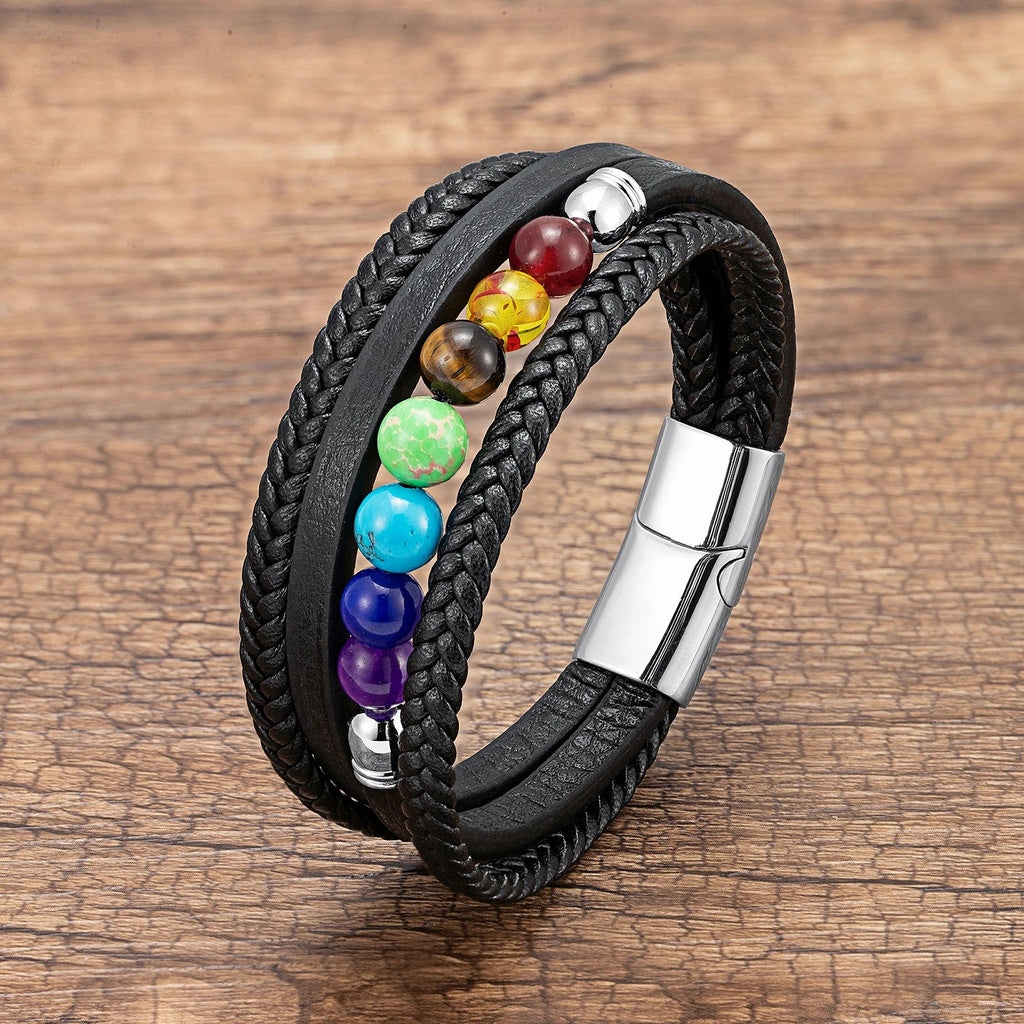 Ανδρικό Βραχιόλι από Δέρμα 7 Τσάκρα ασημί