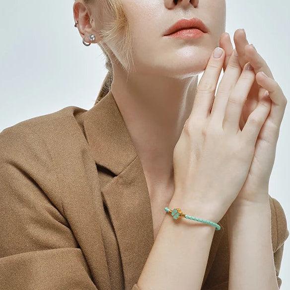 Πλεκτό Δερμάτινο Βραχιόλι με Τετράφυλλο Τριφύλλι πράσινο