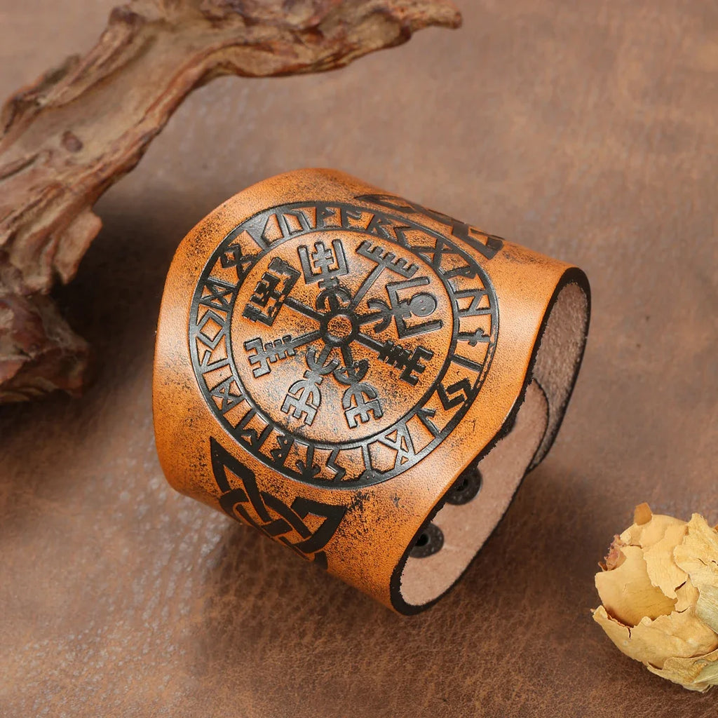 Βραχιόλι Βίκινγκ Vegvisir από καφέ δέρμα