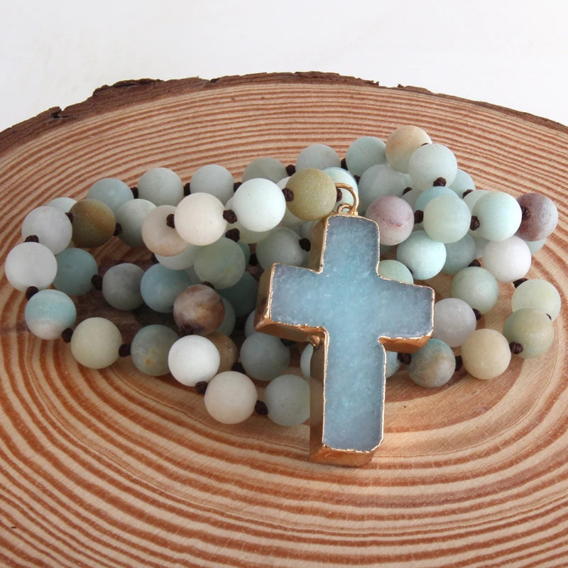 Κολιέ με σταυρό κομπολόι από φυσικές πέτρες πράσινο