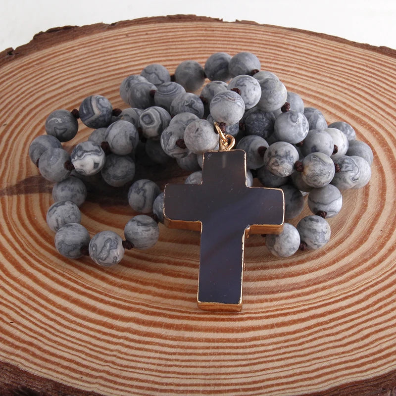 Κολιέ με σταυρό κομπολόι από φυσικές πέτρες γκρι