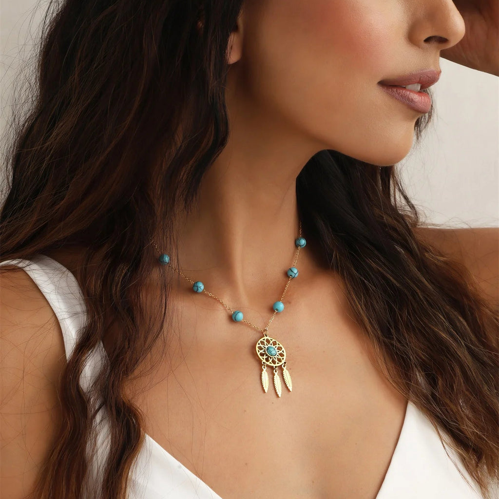 Κολιέ με μενταγιόν Φυλαχτό Ονείρων και Τιρκουάζ Χάντρες