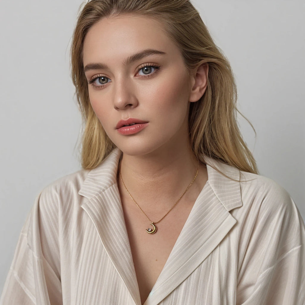 Collier avec pendentif croissant de lune et étoile solitaire couchée