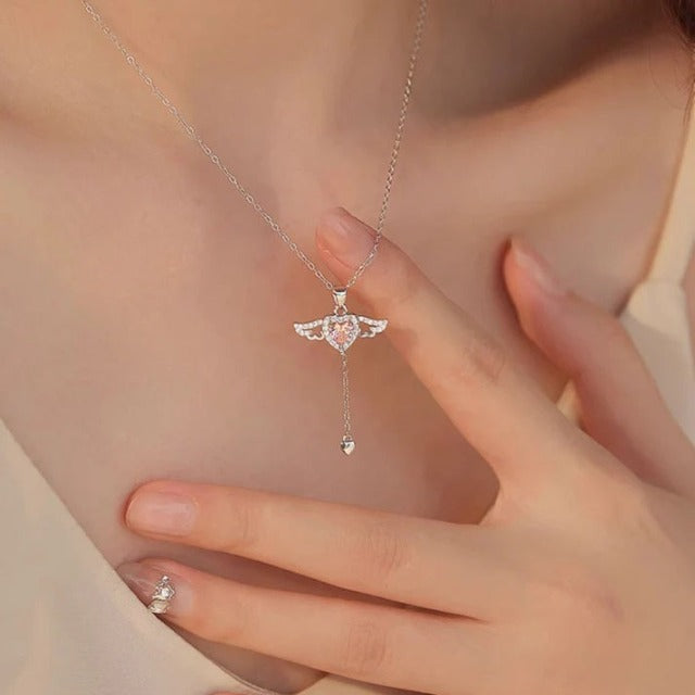 Κολιέ Καρδιά Φτερά Αγγέλου ροζ