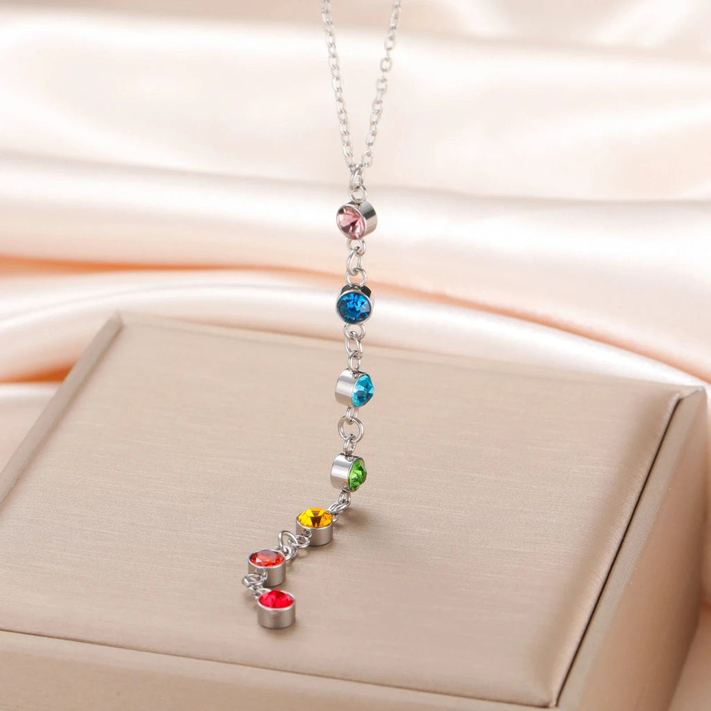 Κολιέ Προστασίας με Μακρύ Μεταλλικό Κρεμαστό από Πέτρες 7 Τσάκρα ασημί