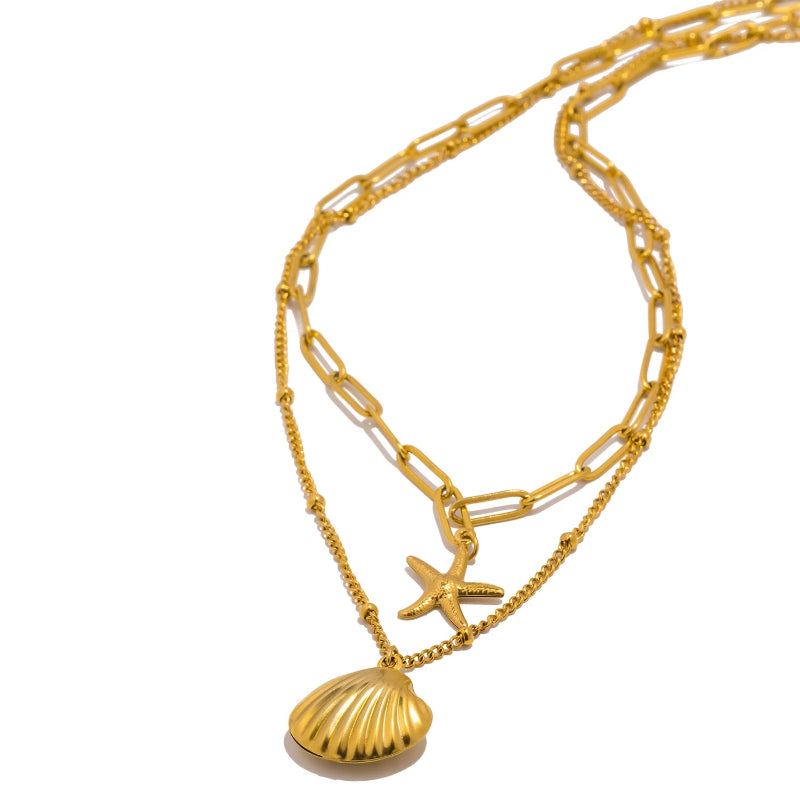 Κολιέ διπλής σειράς με μενταγιόν κοχύλια, κοχύλι Αγίου Ιακώβου και αστερία