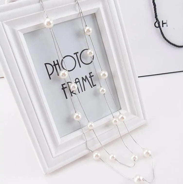 Long Collier Double avec Grandes Perles Blanches argent
