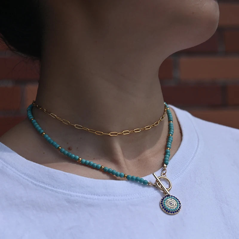 Колье из цветных бусин и защитный кулон с синим глазом, круглый синий глаз