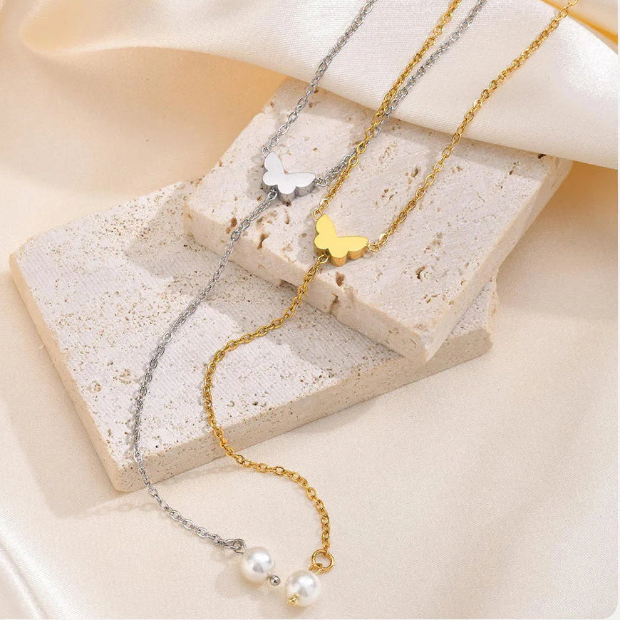 Κολιέ σε σχήμα Υ - αλυσίδα ντεκολτέ με πεταλούδα για γυναίκα ασημί