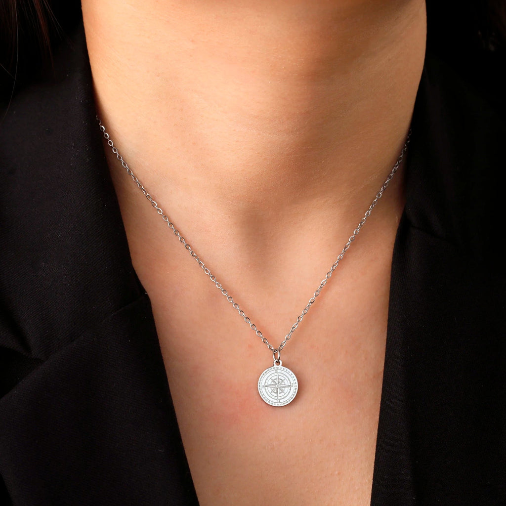 Collier Femme Pendentif Compas Boussole Rose des Vents Cardinal argent