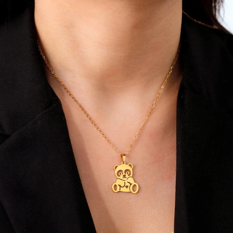 Κολιέ με χαριτωμένο αρκουδάκι πάντα, χρυσό