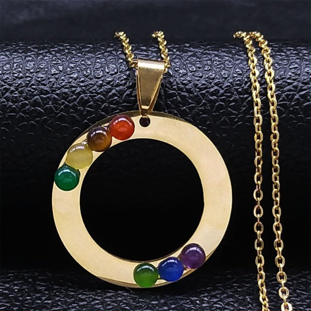 Κολιέ με μενταγιόν 7 Τσάκρα Άγιο Λουλούδι Φυσικές Πέτρες Αλυσίδα Άνδρας Γυναίκα 3 χρυσό