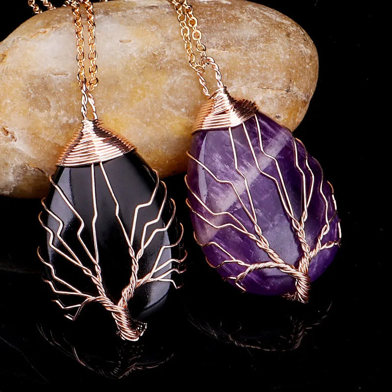 Collier Pendentif Boule Pierre Naturelle Arbre de Vie