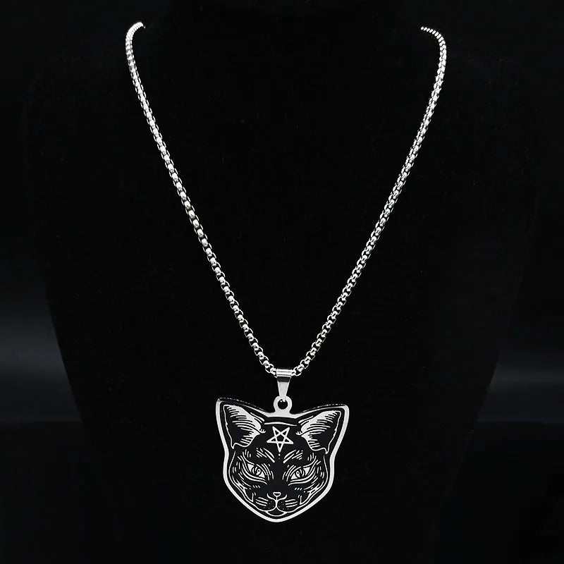 Collier Pendentif Chat Noir Pentacle Sorcellerie Wiccan