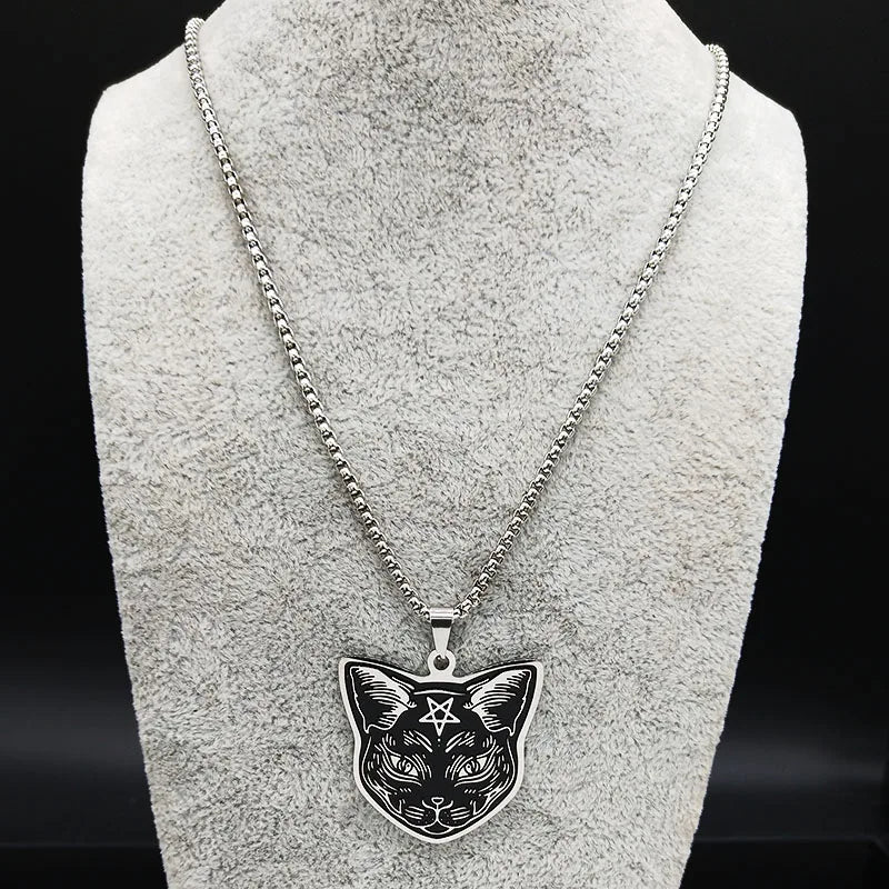 Collier Pendentif Chat Noir Pentacle Sorcellerie Wiccan
