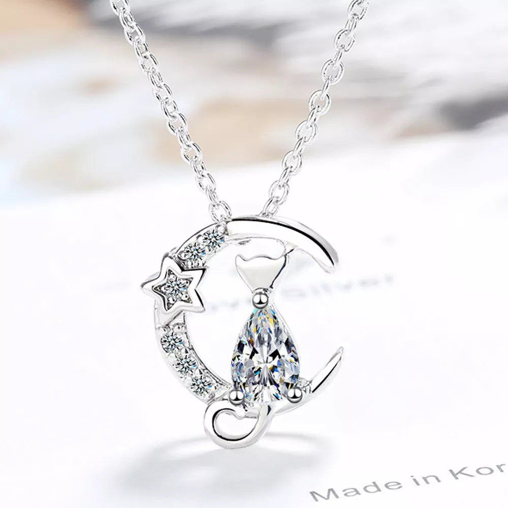 Κολιέ με μενταγιόν γάτα από ασήμι με ζιρκόν