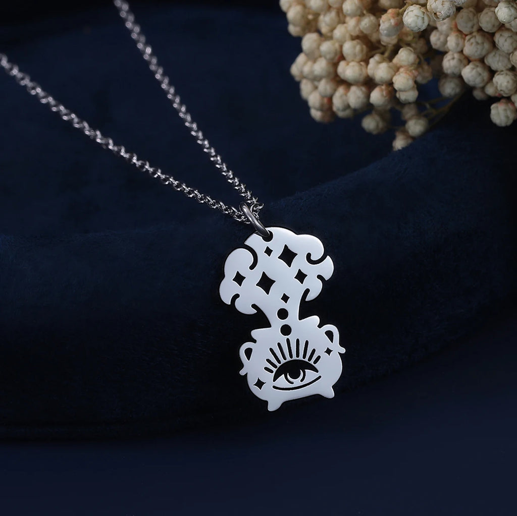 Κολιέ με μενταγιόν λέβητα μαγείας Wiccan ασημί