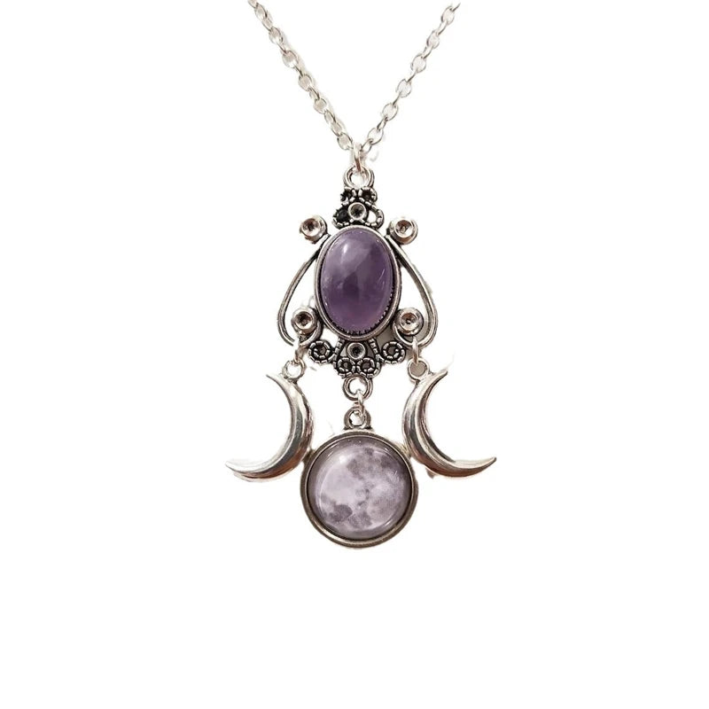 Collier Pendentif Triple Lune Sorcellerie Wiccan Femme violet