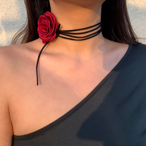 Κολιέ Choker Κομψό Μεγάλο Κόκκινο Τριαντάφυλλο Κρεμαστό 1