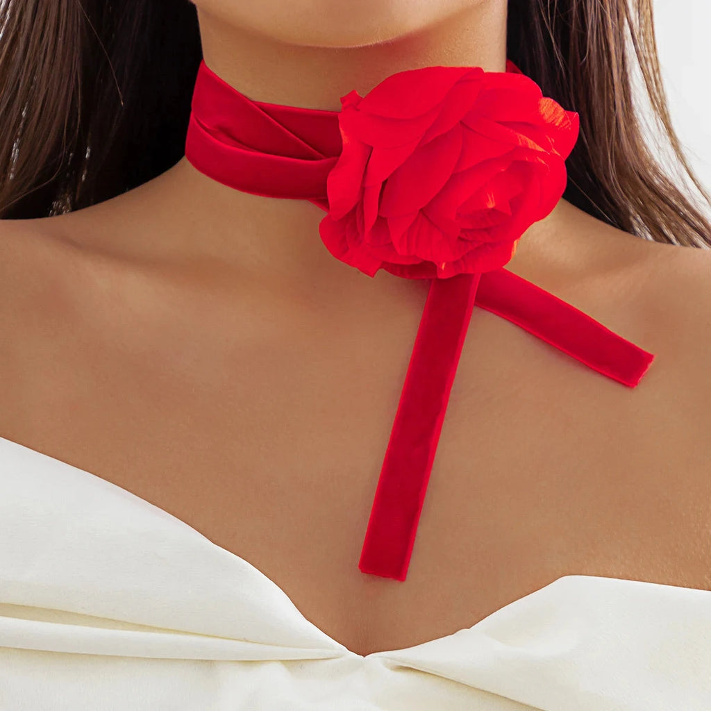 Κολιέ Choker Κομψό Μεγάλο Κόκκινο Τριαντάφυλλο Κρεμαστό 