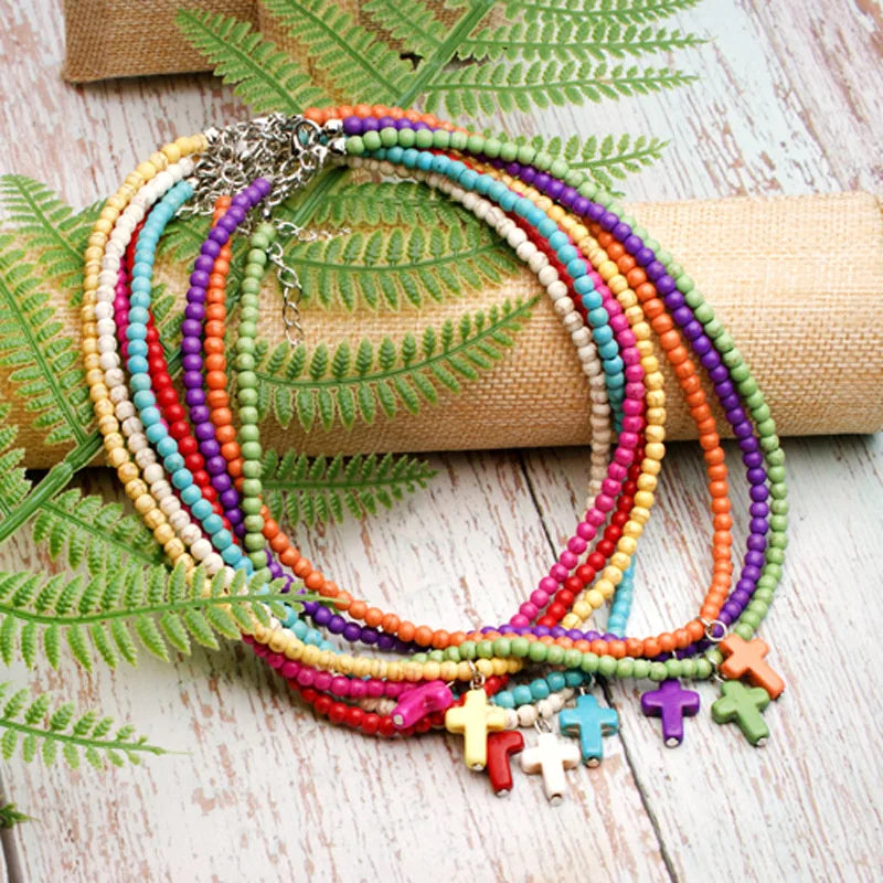 Κολιέ Κοντό με Μενταγιόν Σταυρός Φυσική Πέτρα Γυναικείο πράσινο