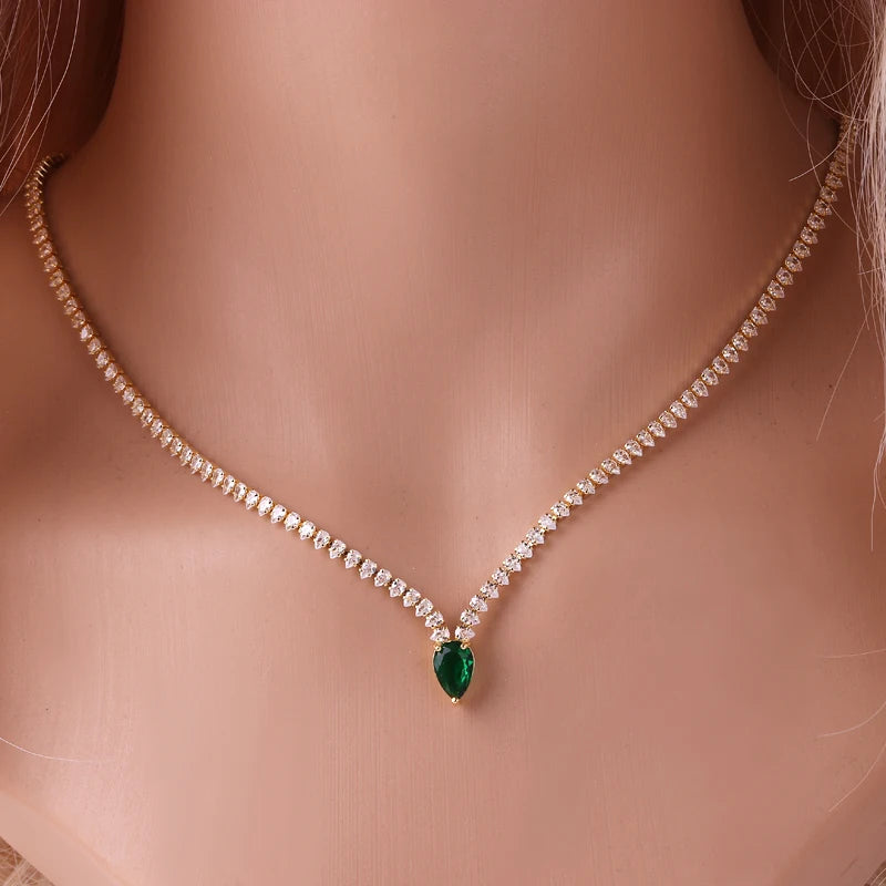 Charmant Collier Ras de Cou Pendentif Goutte d'Eau et Zircon argent et vert