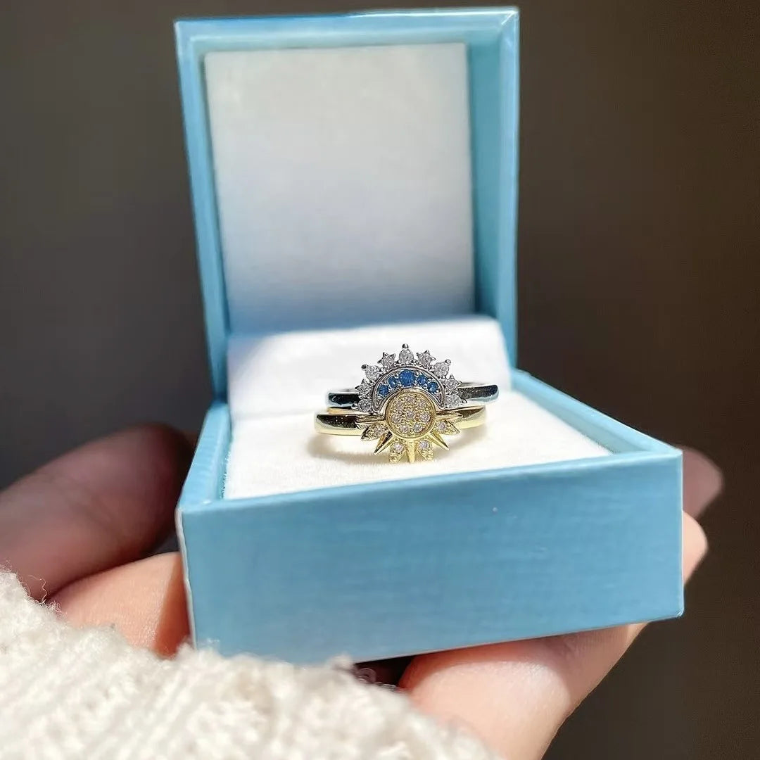 Lot de 2 Bagues Lune ou Soleil en Zircon pour Couple