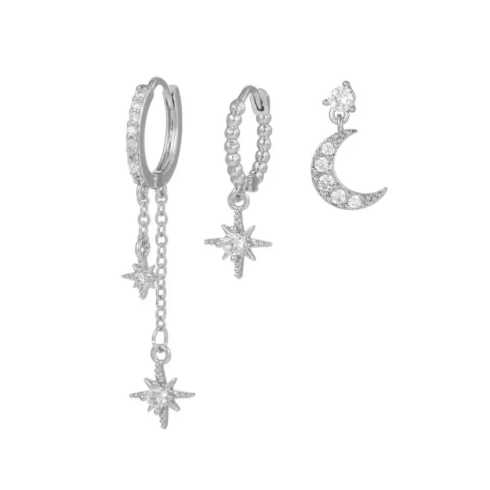 Lot de 3 boucles d'oreilles asymétriques lune et étoiles scintillantes