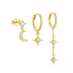 Lot de 3 boucles d'oreilles asymétriques lune et étoiles scintillantes