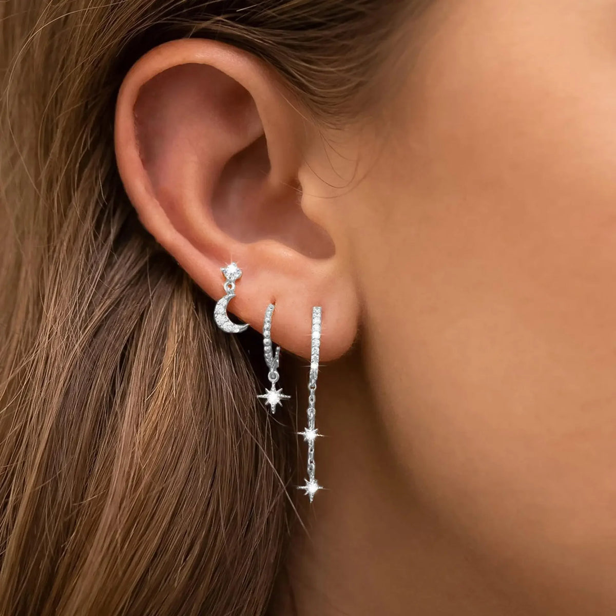 Lot de 3 boucles d'oreilles asymétriques lune et étoiles scintillantes argent
