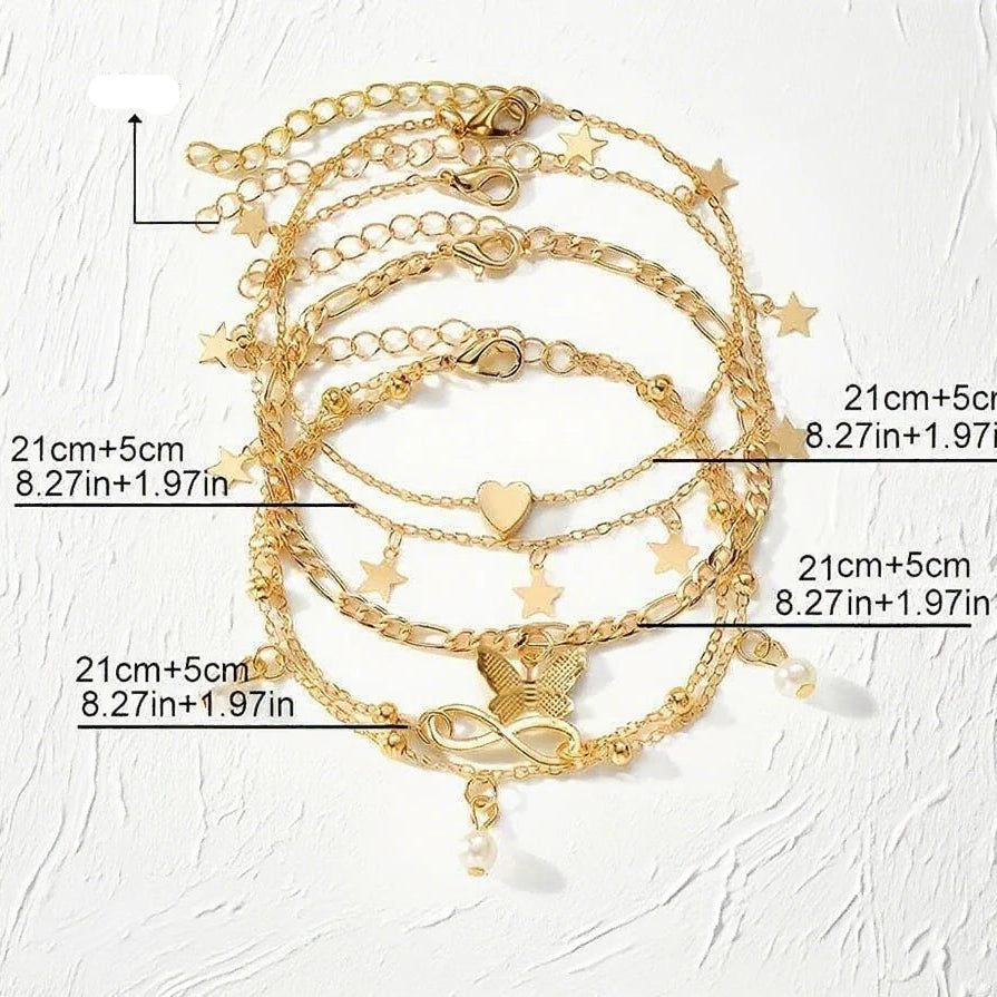 Σετ 5 βραχιολιών ποδιού με αστέρι, άπειρο, πεταλούδα, χάντρες και καρδιά