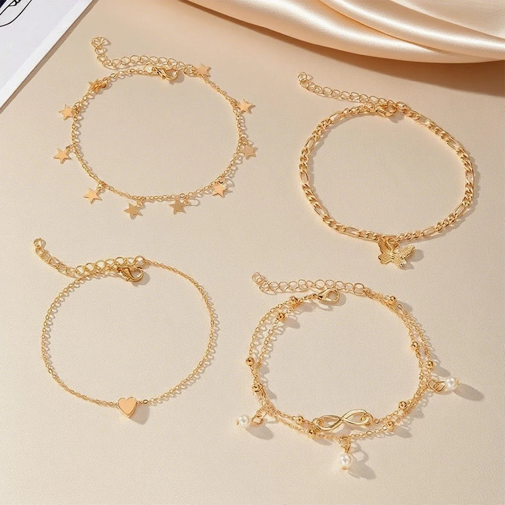 Σετ 5 βραχιολιών ποδιού με αστέρι, άπειρο, πεταλούδα, χάντρες και καρδιά
