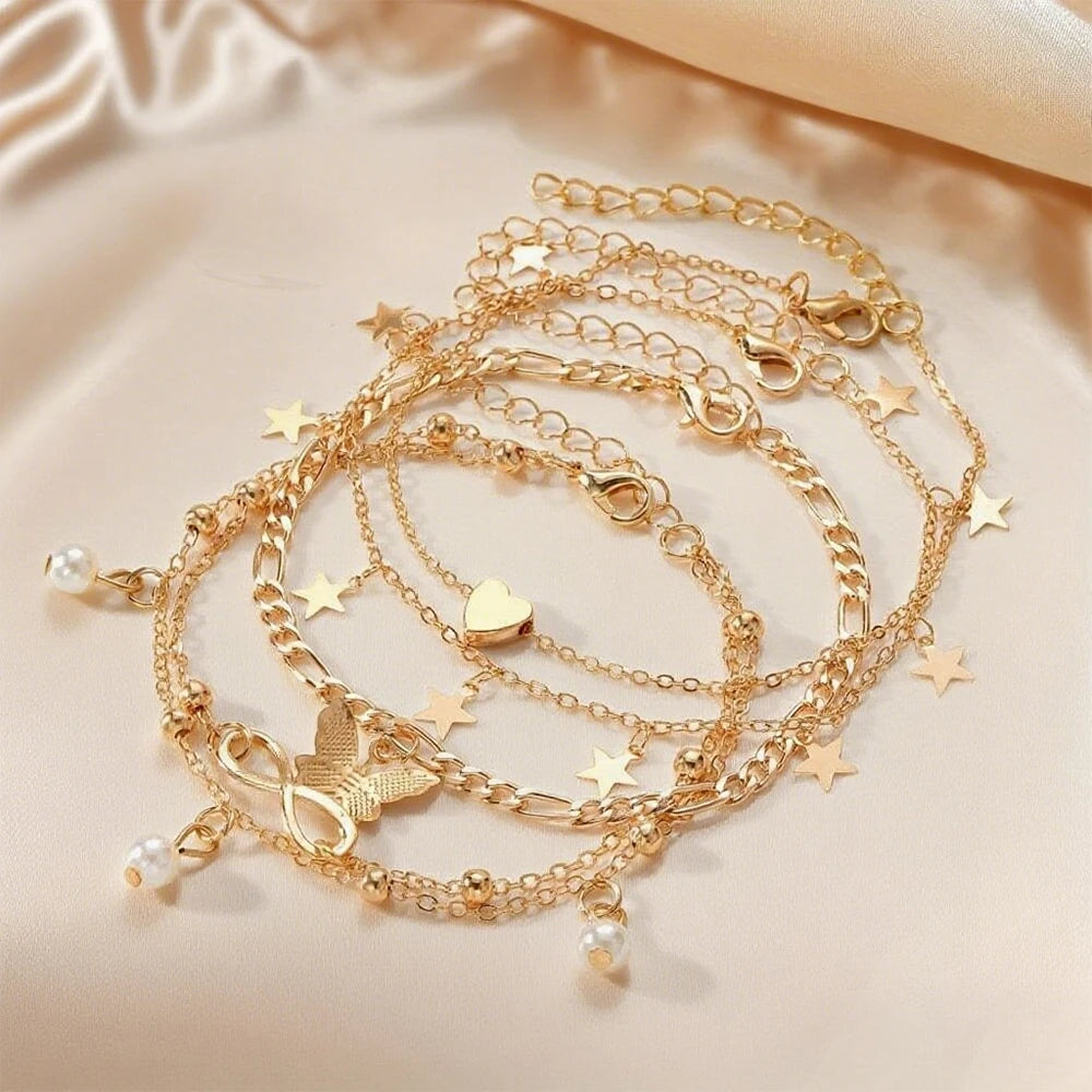 Σετ 5 βραχιολιών ποδιού με αστέρι, άπειρο, πεταλούδα, χάντρες και καρδιά
