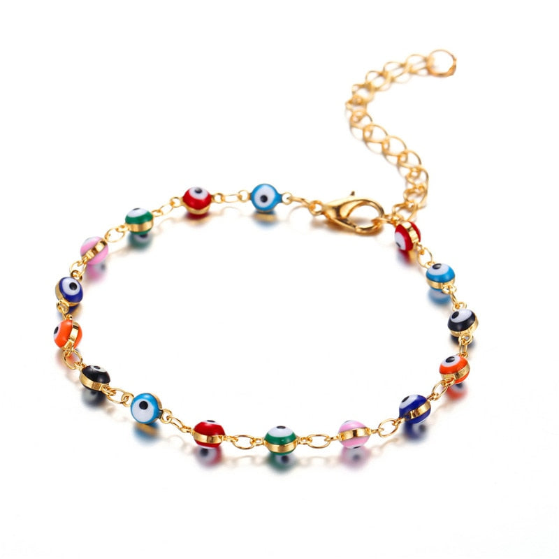 Bracelet Cheville Contre le Mauvais Oeil Bleu Grec Turc Mataki Matiasma or