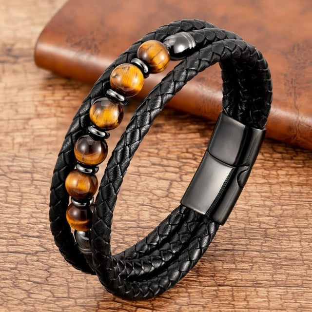 Bracelet Gourmette Pierre Oeil de Tigre Cuir