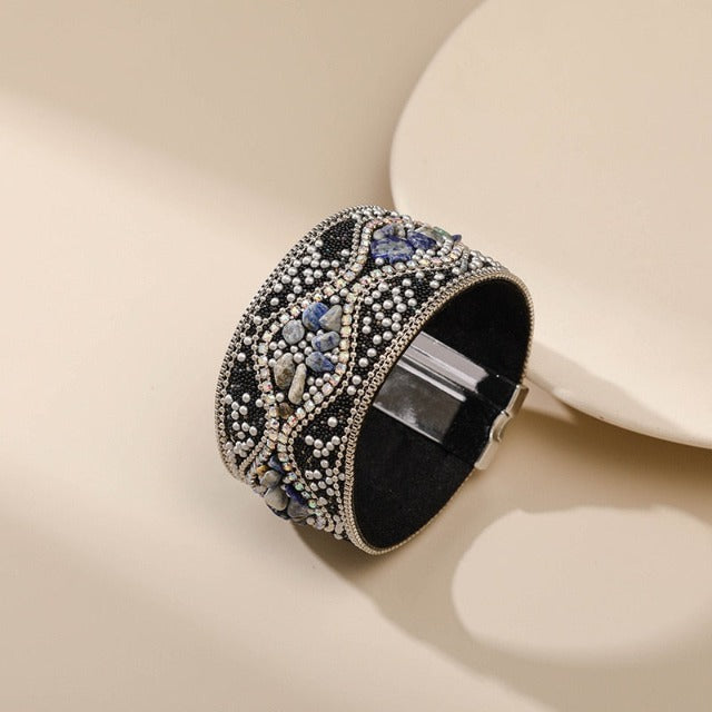 Βραχιόλι Μανσέτα με Φυσική Πέτρα για Γυναίκα μαύρο