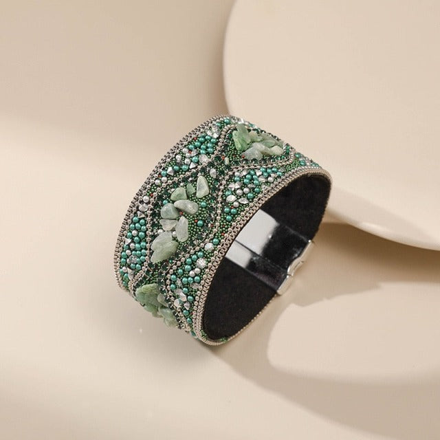 Βραχιόλι Μανσέτα με Φυσική Πέτρα για Γυναίκα πράσινο