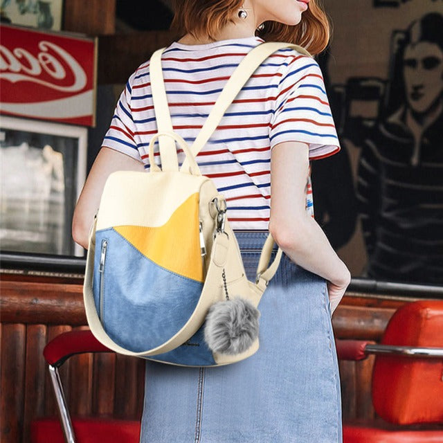 Σακίδιο Πλάτης Δερμάτινο Γυναικείο Τρίχρωμο Μπλε Λουράκι 